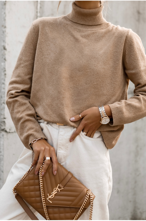 SWETER Z GOLFEM WEŁNIANO - KASZMIROWY PREMIUM CAMELOWY