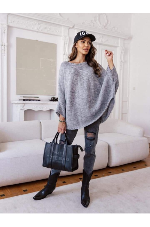 SWETER PONCZO FLORES SZARY PREMIUM
