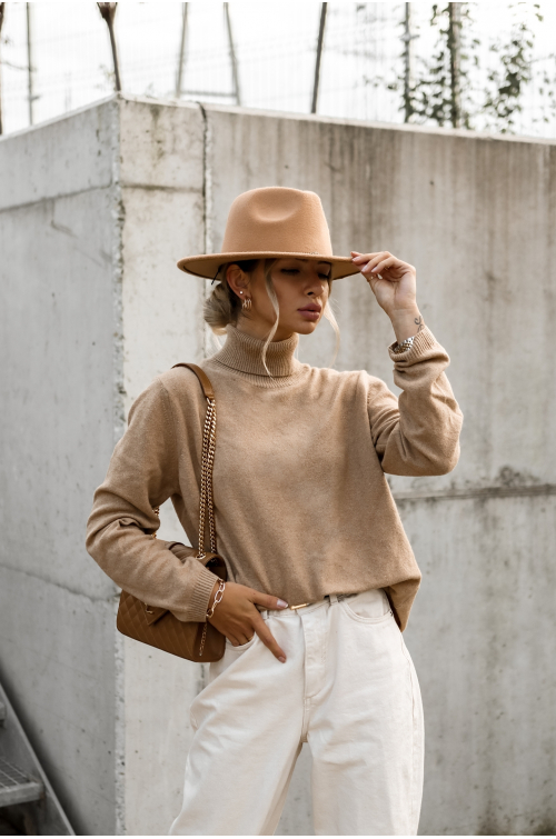 SWETER Z GOLFEM WEŁNIANO - KASZMIROWY PREMIUM CAMELOWY