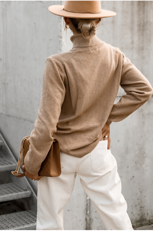SWETER Z GOLFEM WEŁNIANO - KASZMIROWY PREMIUM CAMELOWY